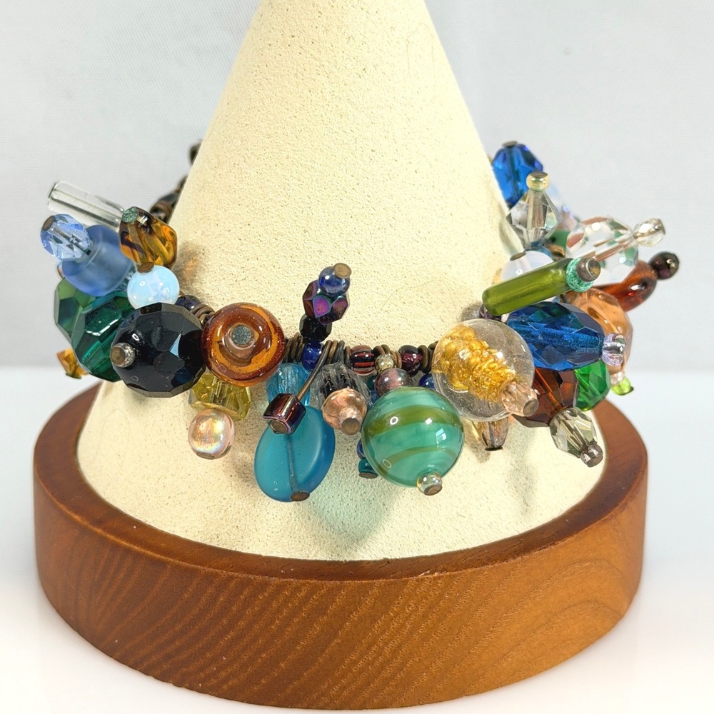 Vintage Cha Cha Bracelet Mixed Art Glass Beads Multicolor Gold Tone 6.25 - 7.25